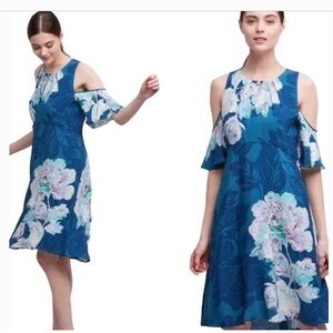 Anthropologie Maeve Cold Shoulder Green Pink Floral Dress Flutter Sleeves Sz 00